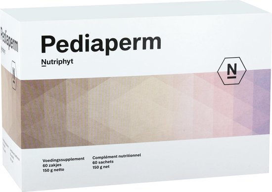 Doos met Pediaperm Nutriphyt voedingssupplement, 60 zakjes, 150g netto. Gedekt in pastelkleuren.