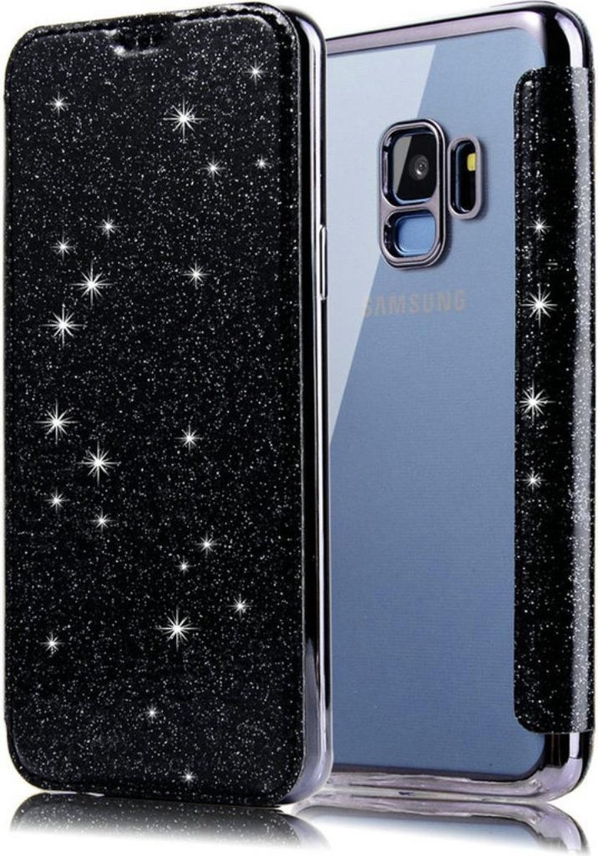 Geschikt voor Samsung Galaxy S9 Flip Case - Zwart - Glitter - PU leer - Soft TPU - Folio