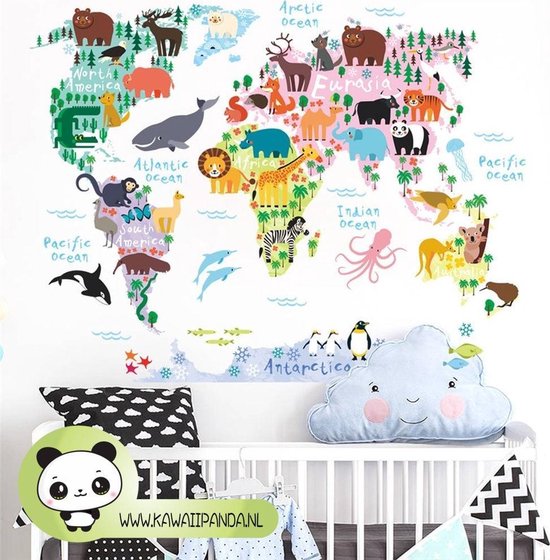Muursticker Wereldkaart en Dieren voor Kinderkamer - Superschattig voor jongenskamer en meisjeskamer