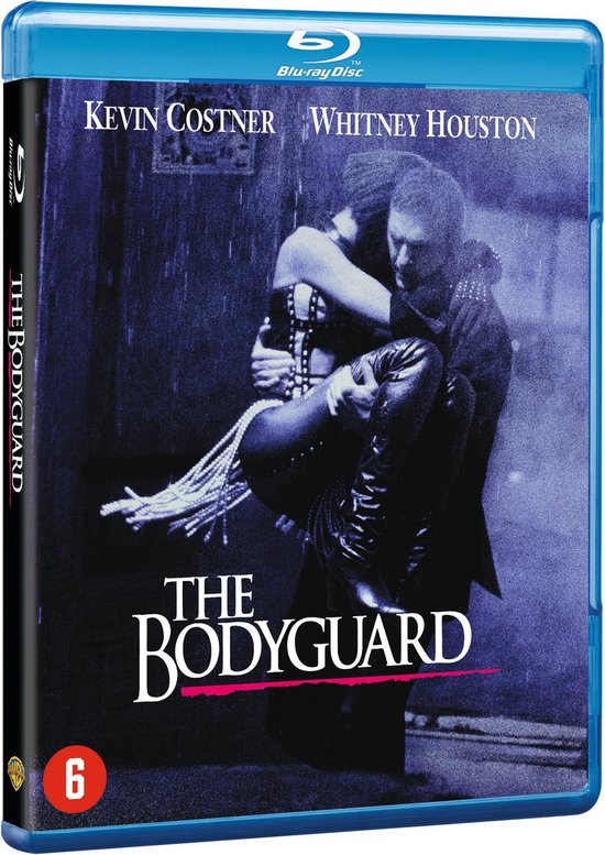Blu-ray hoes met Kevin Costner die Whitney Houston draagt in de regen. "The Bodyguard" staat op de hoes.