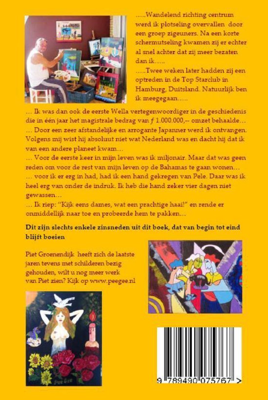 Achterkant van een boek met een foto van Piet Groenendijk die schildert, en twee schilderijen.
