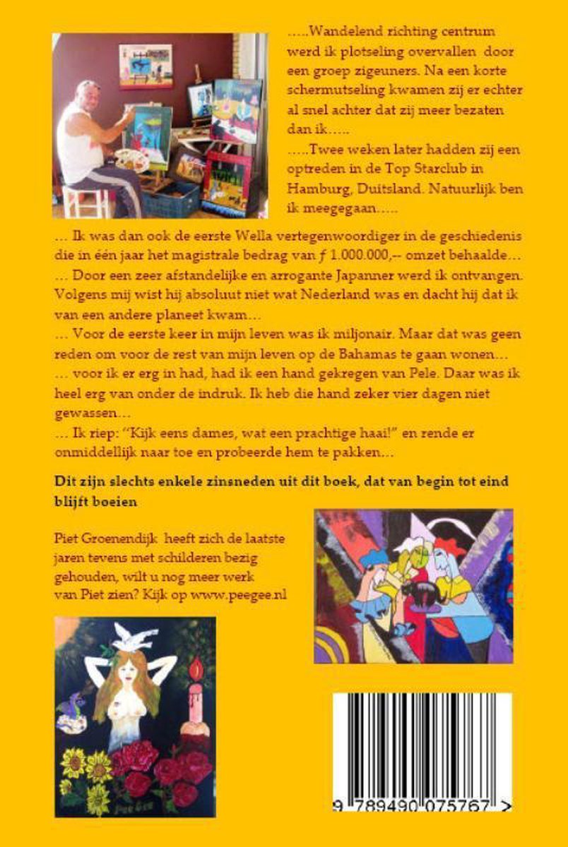Achterkant van een boek met een foto van Piet Groenendijk die schildert, en twee schilderijen.