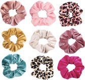 Kraagjeskopen.nl®  Scrunchie 9 stuks Velvet Extra Vol en Luxe - VSCO girl haarelastiek haarwokkel scrunchies - oudroze - lichtroze - goud - beige - roze - turquoise - felroze - pan