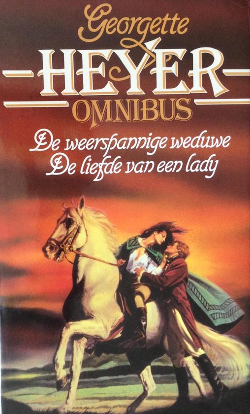 Boekomslag met een man en vrouw te paard. De titel luidt "Georgette Heyer OMNIBUS".