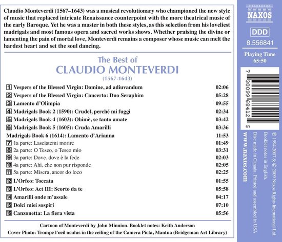 Binnenkant van albumhoes: The Best of Claudio Monteverdi (1567-1643) met tracklist, speelduur 65:50, en barcode.