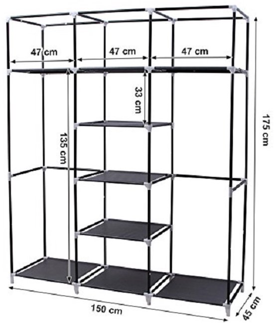 medina - Nancy's - XXL Canvas Garderobekast - Kledingkast - opvouwbaar - 175 x 150 x 45 cm - Zwart