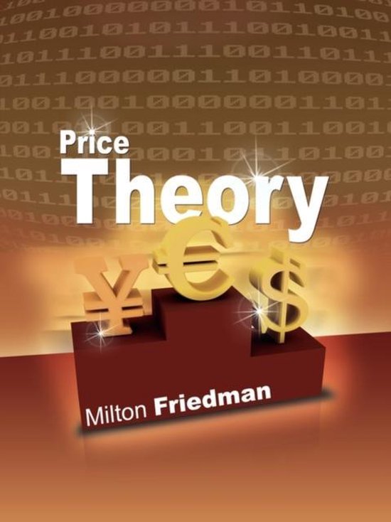 Livre "Price Theory" de Milton Friedman, avec symboles de devises sur un podium.