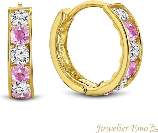 Juwelier Emo - 14 Karaat Gouden Kinderoorbellen meisje met Roze Zirkonia stenen - KIDS - 11 mm