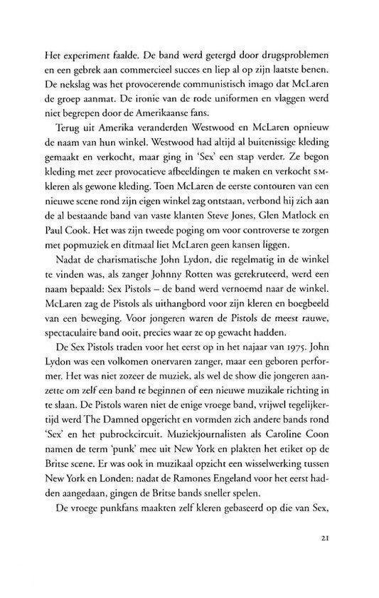 Pagina met tekst over Malcolm McLaren, Vivienne Westwood, de band Sex Pistols en de punkscene. Pagina 21.
