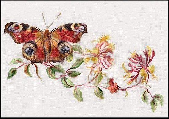 Thea Gouverneur - Borduurpakket met telpatroon - 439A - Voorgesorteerde DMC Garens - Vlinder Kamperfoelie - Aida - 29 cm x 18 cm - DIY Kit