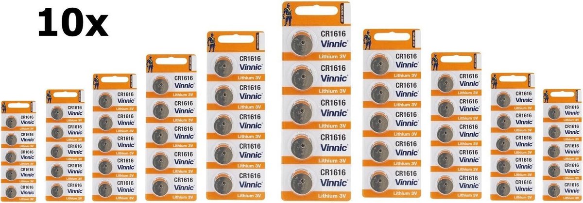 50 Stuks ( 10 Blister a 5st ) Vinnic CR1616 3v 50mAh lithium knoopcelbatterij