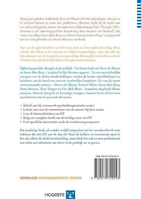 Achterkant van het boek 'Oplossingsgerichte therapie in de praktijk', met ISBN en een korte beschrijving.
