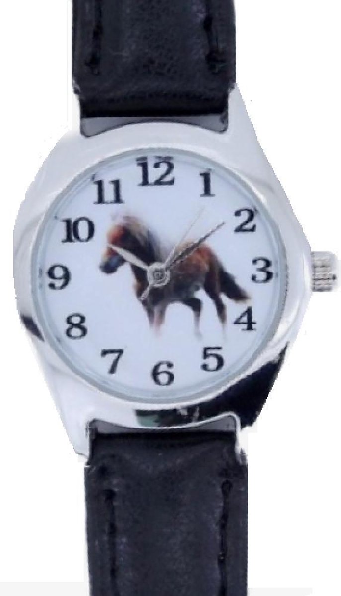 Horloge- Kinder- Paard - Zwart- 28 mm- Leer bandje-Gratis batterij - Charme Bijoux