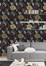 Dutch Wallcoverings Vliesbehang zwart bloem - rood zilver goud