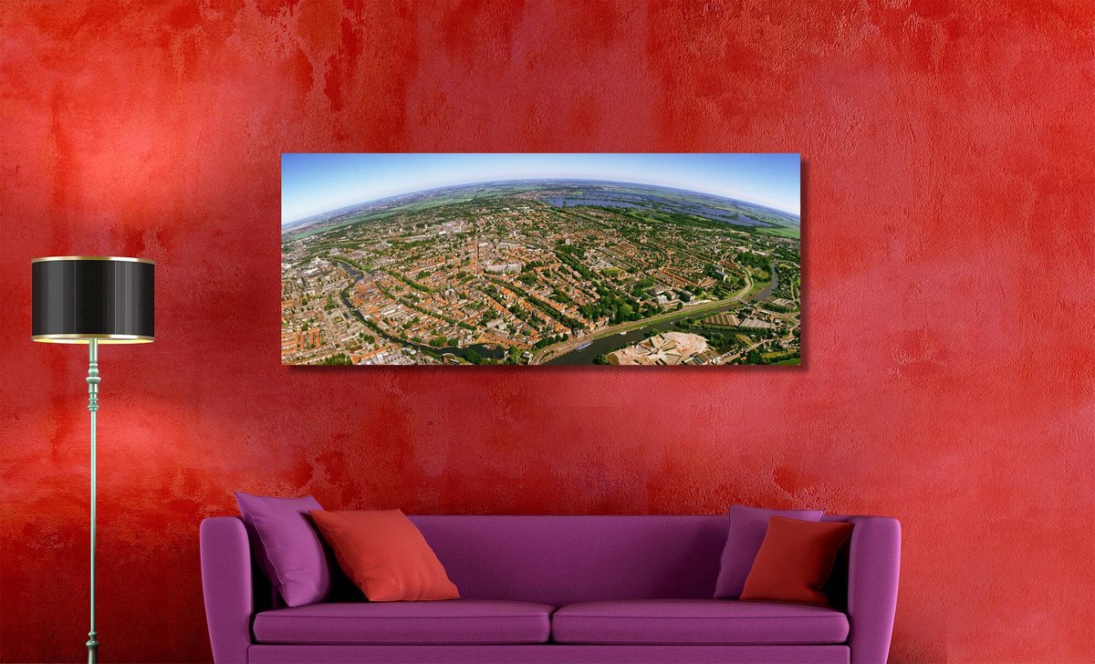 Gouda in Panorama | 120 x 50 cm | Foto op Canvas | Luchtfoto | Wanddecoratie | Skyline | Bijzonder Gedetailleerd
