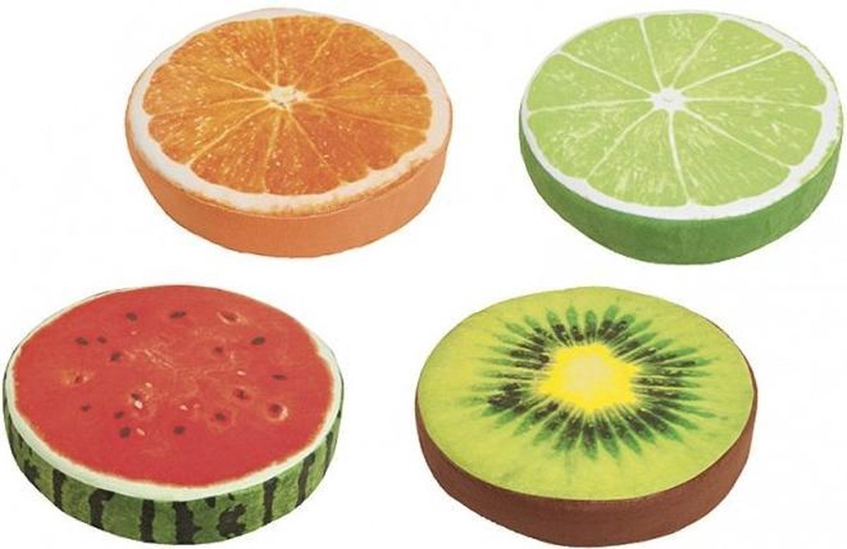 kapsel kapperszaak Lada Kussens "Fruit" | Ø 38 cm | set van 4 | sinaasappel, limoen, kiwi,  watermeloen |... | bol.com