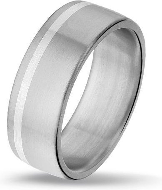 TRESOR Ring met ingelegd slingerend bandje in zuiver zilver - Titanium - 8mm breed