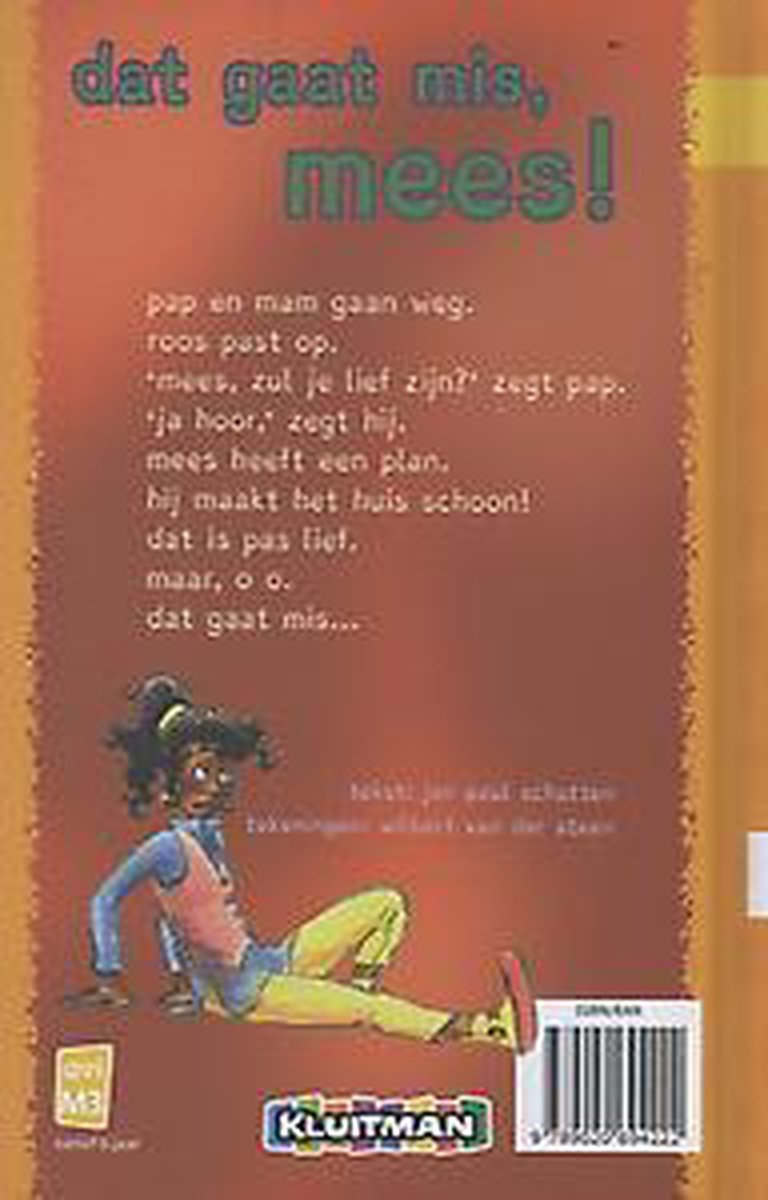Boekomslag met tekst 'dat gaat mis, mees!' en illustratie van een meisje met kroeshaar, zittend in een gele broek en een vest.