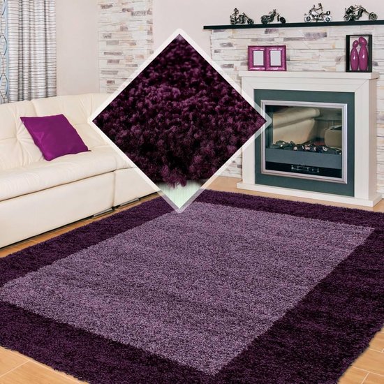 Flycarpets Candy Shaggy Vloerkleed - 100x200cm - Paars Lijstmotief - Hoogpolig