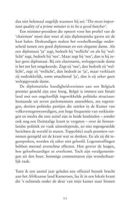Pagina met tekst over de kwalificaties van een minister-president, de diplomatieke dienst van België, en de verhouding tussen de politiek en de media. Pagina nummer II.