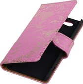 Sony Xperia Z4 Compact Lace Kant Bookstyle Wallet Hoesje Roze - Cover Case Hoes