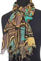 Katoenen dames sjaal in zwart bruin taupe okergeel turkoois - 50 x 180 cm