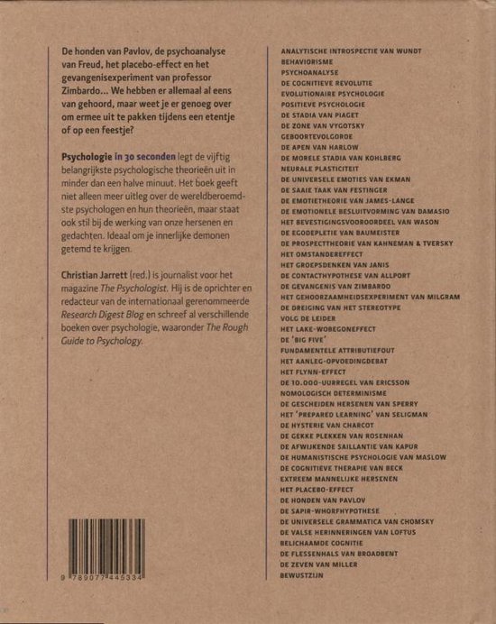 Boekomslag van 'Psychologie in 30 seconden' met een lijst van 50 mijlpalen uit de geschiedenis van de psychologie.