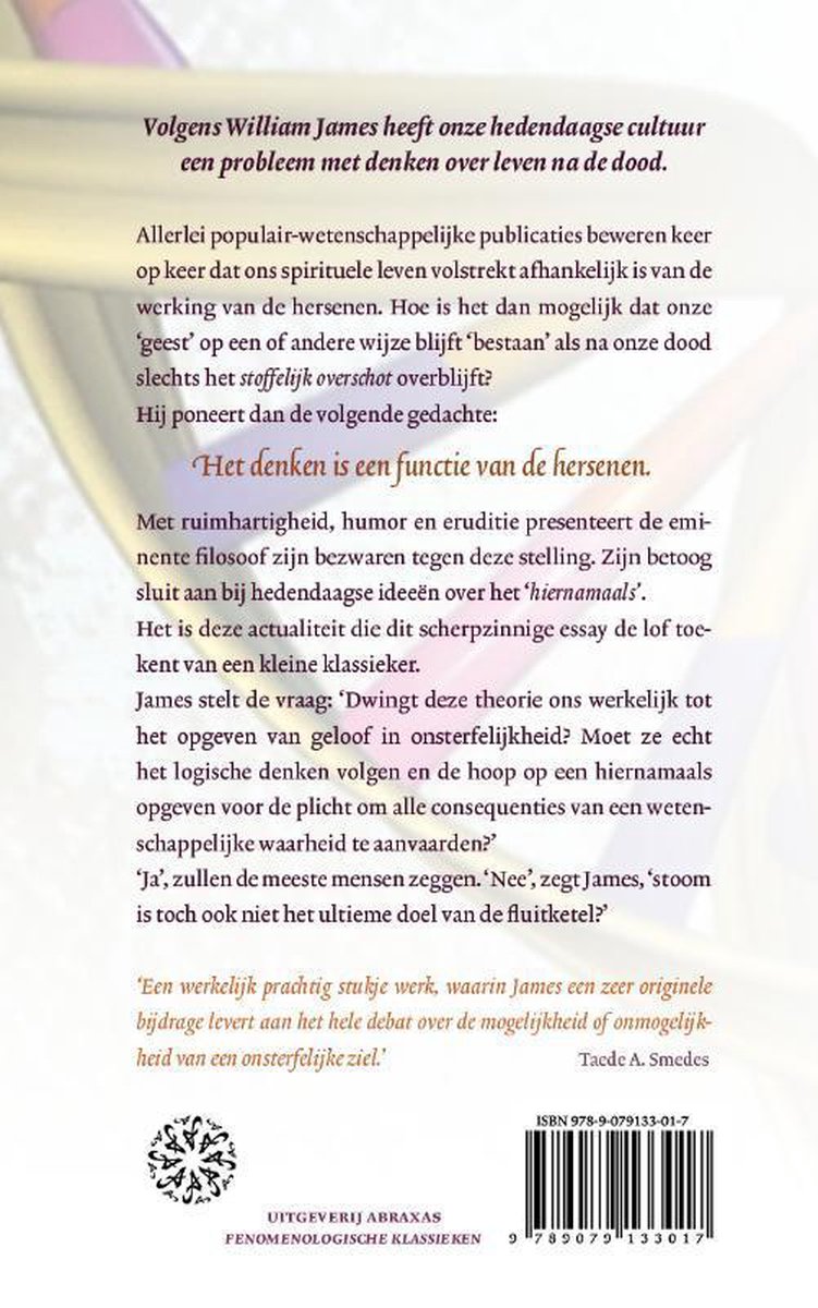 Achterkant boek "De onsterfelijkheid van de mens" met tekst en ISBN.