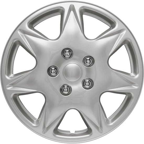 Zilverkleurige wieldop van 16 inch met 5 chromen bouten en een stervormig design met 10 spaken.
