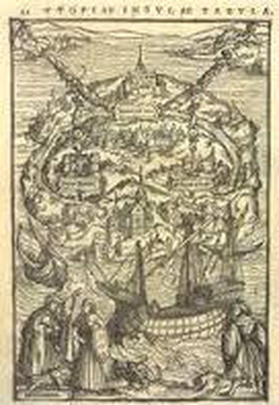 Illustratie van de stad Utopia met schepen en mensen, met tekst 'QVAM OPTIMAE INSVLAM TERVA'.