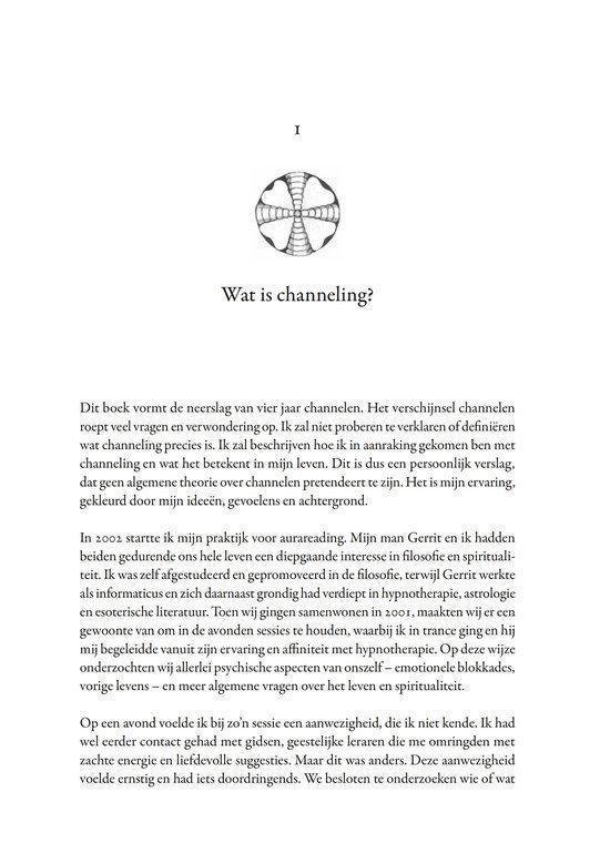 Een boekpagina met de titel 'Wat is channeling?' en een cirkelvormig symbool.