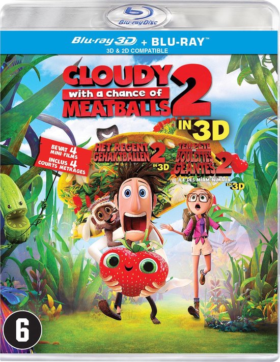 Blu-ray hoes van Cloudy with a Chance of Meatballs 2, met Flint en Sam rennend, Flint draagt een aardbei.