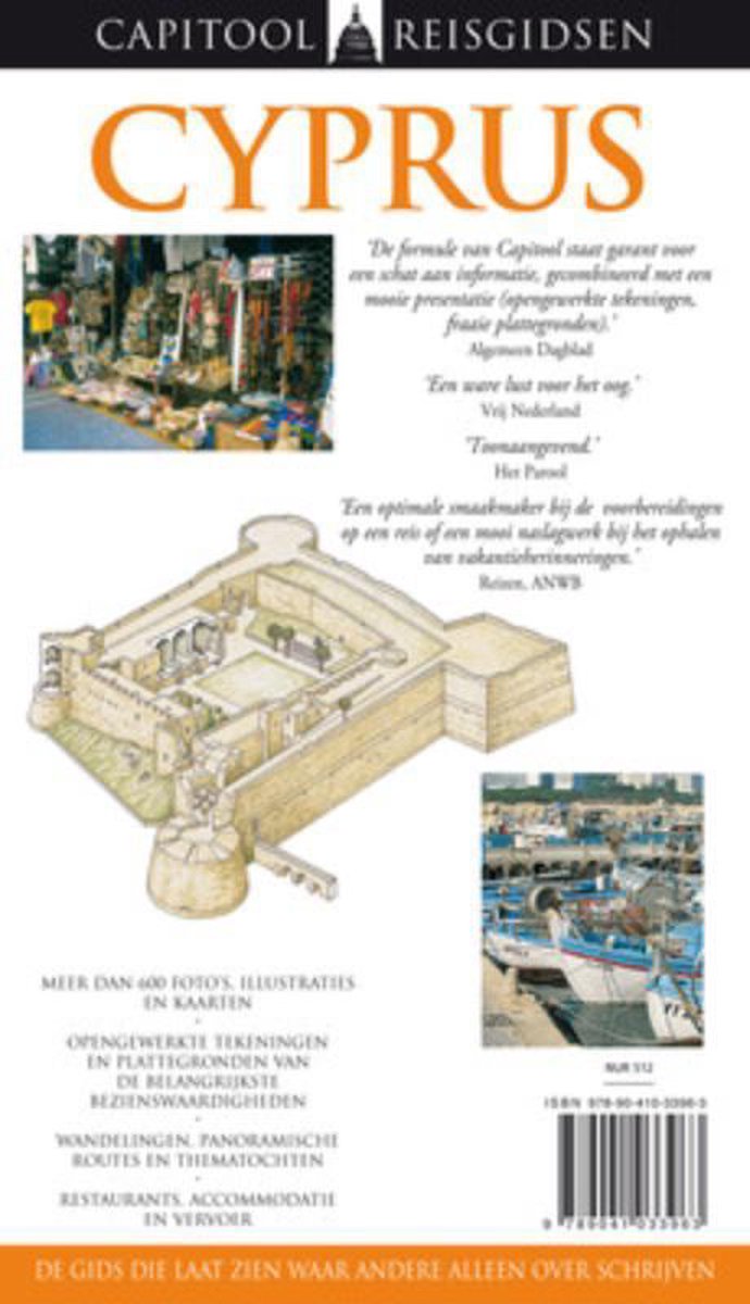 Boek 'Capitool Reisgidsen Cyprus' met een tekening van een fort, foto's van kraampjes en boten, en Nederlandse tekst.