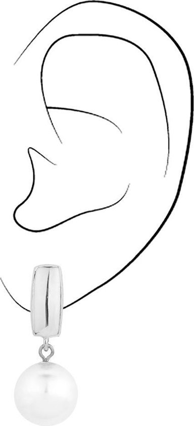 Schematische tekening van een oor met een zilverkleurige oorclip en een witte parel eronder.