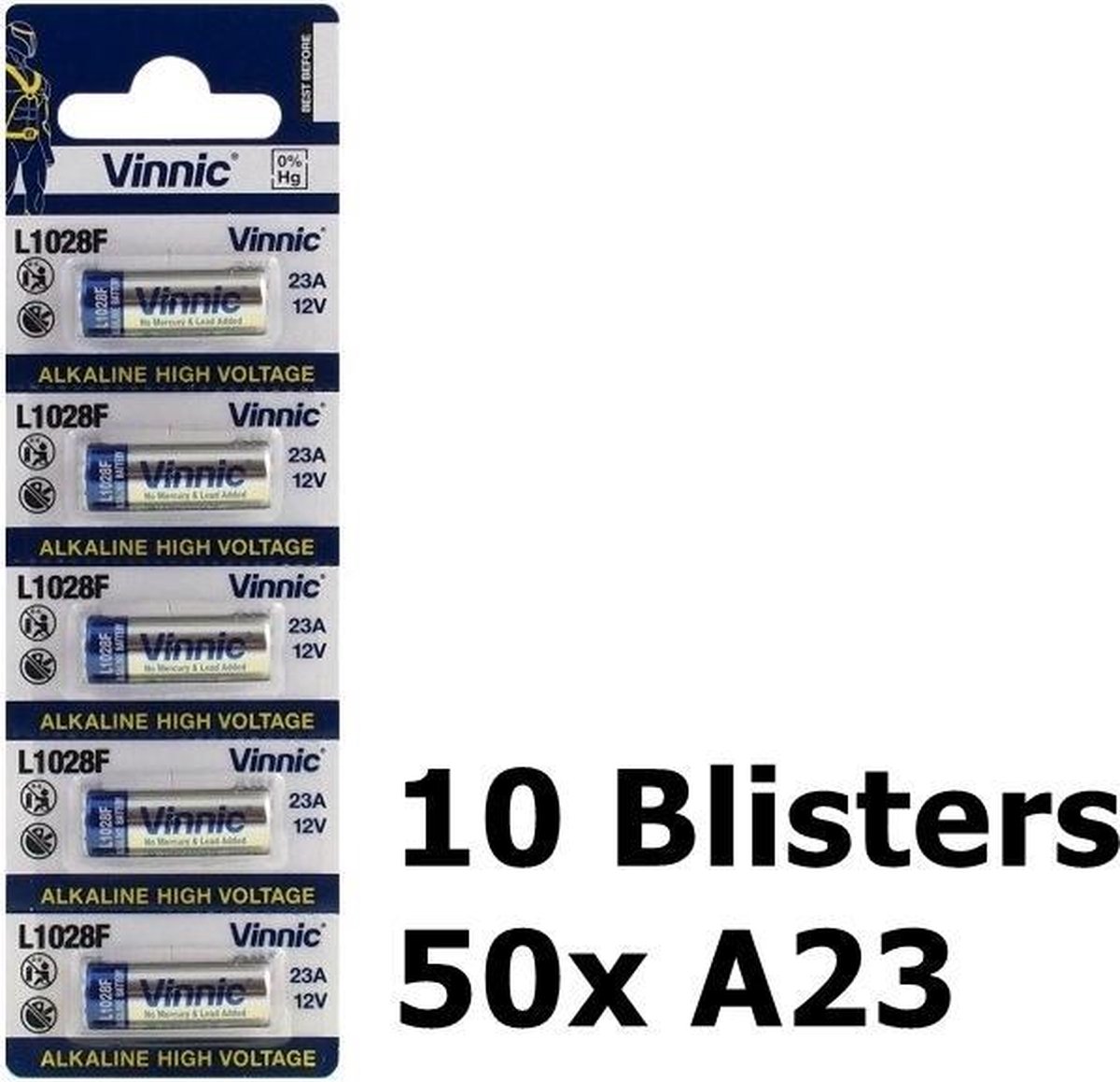 50 Stuks (10 blisters a 5st) - Vinnic A23 23A 12V L1028F Alkaline batterij