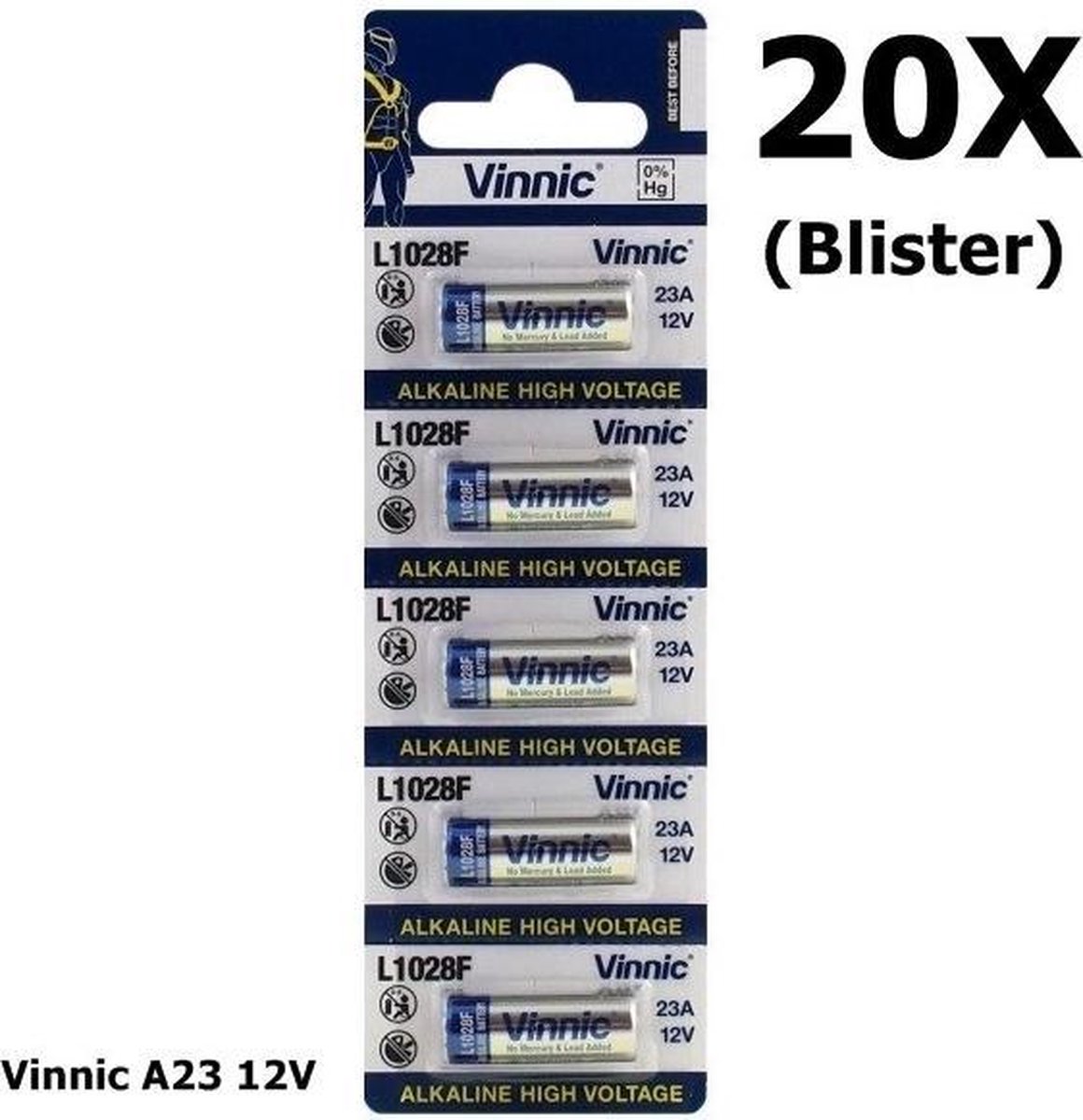 100 Stuks (20 Blisters a 5st) - Vinnic A23 23A 12V L1028F Alkaline batterij