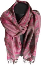 Mooie hippe sjaal van pashmina figuren kleuren paars bruin roze groen creme lengte 180 cm breedte 70 cm versierd met franjes.