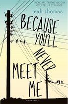 Boekomslag met de titel 'Because You'll Never Meet Me' in grote letters. Een elektriciteitsmast en draden met vogels silhouet tegen een pastelkleurige hemel.