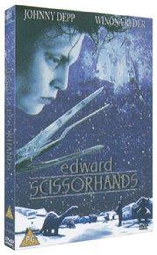 DVD-hoes van Edward Scissorhands, met een close-up van het gezicht van Johnny Depp, zijn schaarhanden en een dinosaurustuin op een besneeuwde avond.