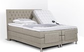 Boxspring Bonita compleet, merk Olympic Life, elektrisch verstelbaar, 180 x 210 cm, beige, 18-delig met gecapitonneerd knopen motief hoofdbord