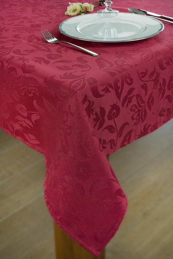 KOOK Tafelkleed Damast Polyester Framboos 140 bij 240 cm - KOOK
