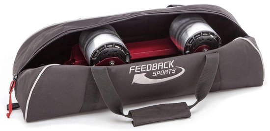 Feedback Sports Omnium fietstrainer in de zwarte draagtas, gedeeltelijk geopend.