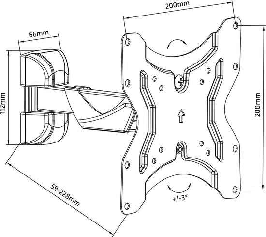 Technische tekening van een tv-beugel met afmetingen en kantel-/draaihoekindicaties.