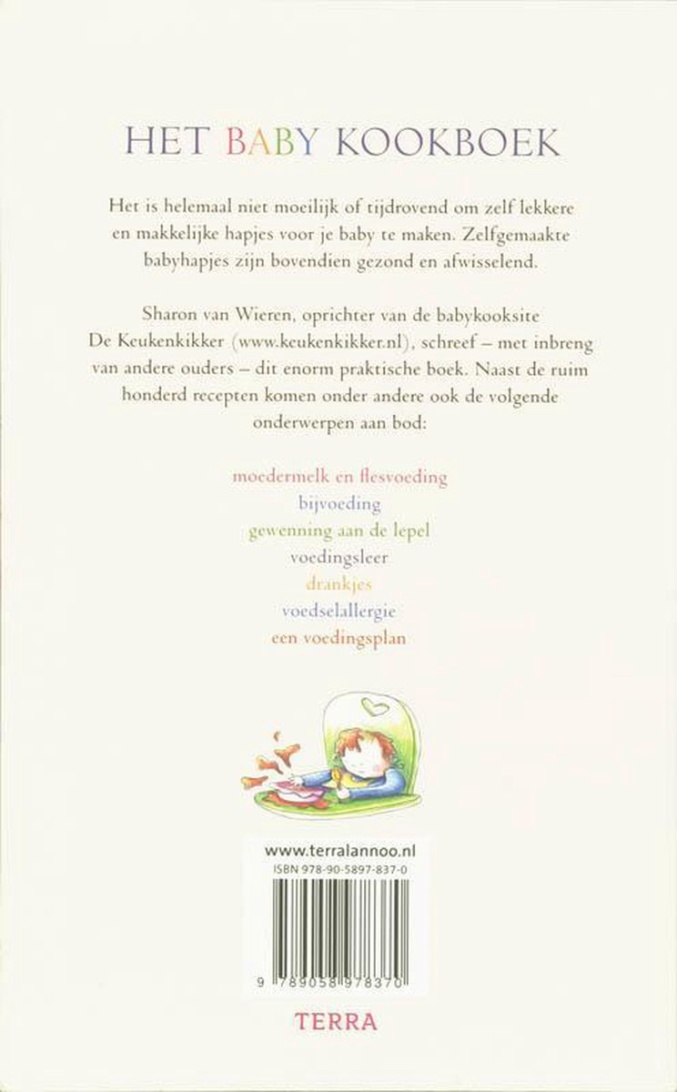 Achterkant van 'Het Baby Kookboek' met een illustratie van een baby in een pot met eten. Bevat ISBN en website.