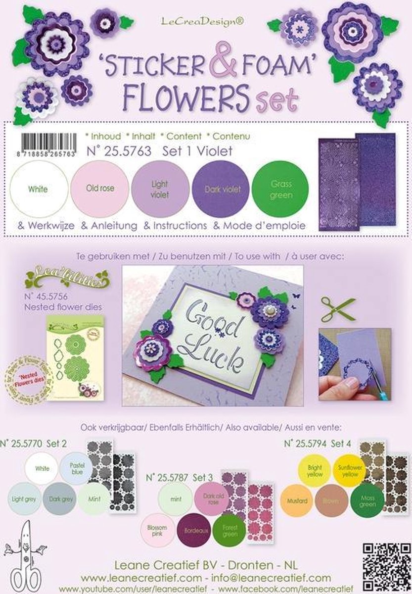 Sticker &  Foam Bloemen Set 1, 5 vellen A4 0.8mm. Paars  & 2flower stickers