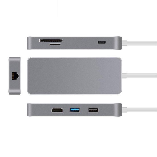 BrightNerd luxe 7-in-1 USB C adapter naar HDMI + Rj45 Gigabit Ethernet + SD + 2x USB Space Grey - BrightNerd