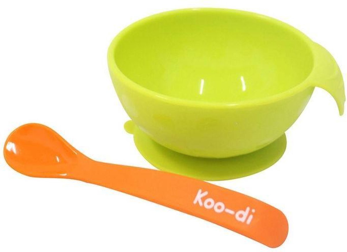 De Koo-di Silicone Bowl & Spoon - Lime & Orange is niet giftig en gemaakt van siliconen van voedingskwaliteit. Niet-gemorste kom met afzuigbasis. - Koo-di