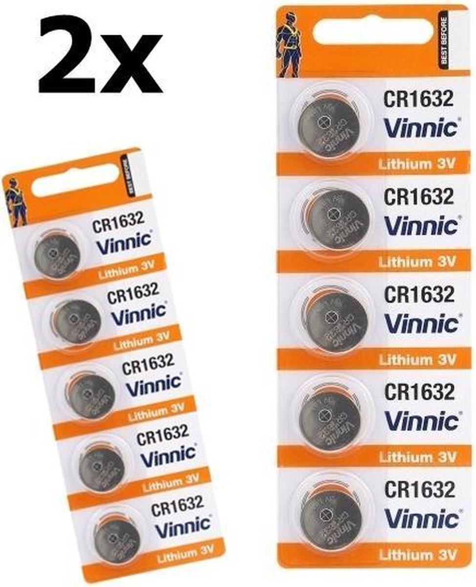 10 Stuks ( 2 Blister a 5st) Vinnic CR1632 125mAh 3V Lithium Knoopcel Batterij
