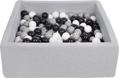 Ballenbak vierkant - grijs - 90x90x30 cm - met 300 wit, grijs en zwarte ballen