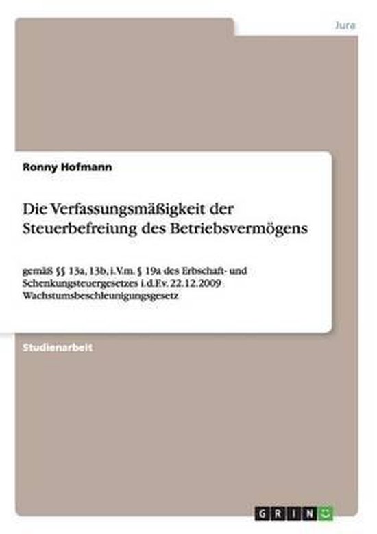 Die Verfassungsmassigkeit der Steuerbefreiung des Betriebsve ... - cover